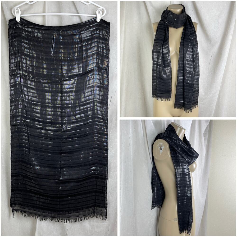 🚫SOLD🚫 Cejon Black Silver Shiny Striped Fringe Scarf Wrap Shawl Edgy Romantic
